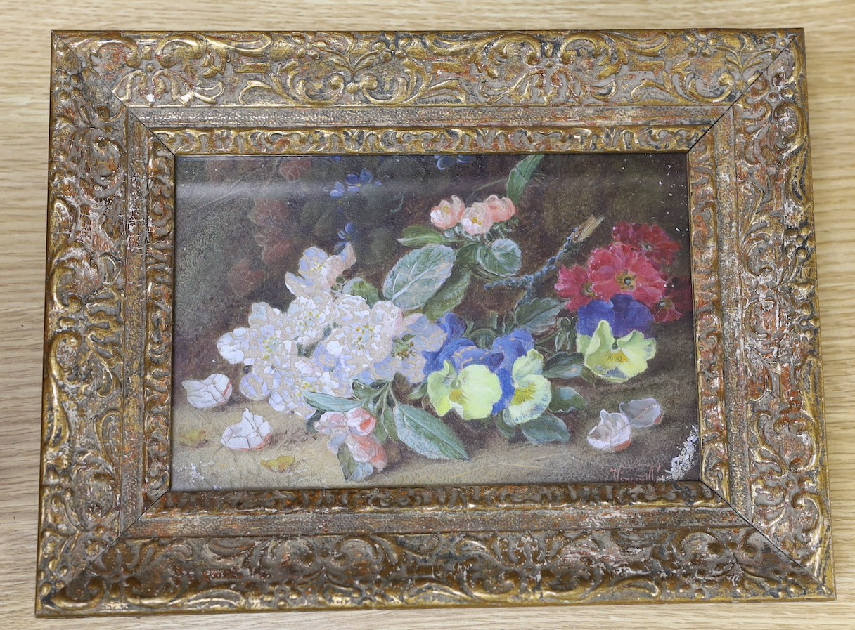 Vincent Clare (1855-1930), oil on canvas, Still life of blossom, signed, 13 x 21cm